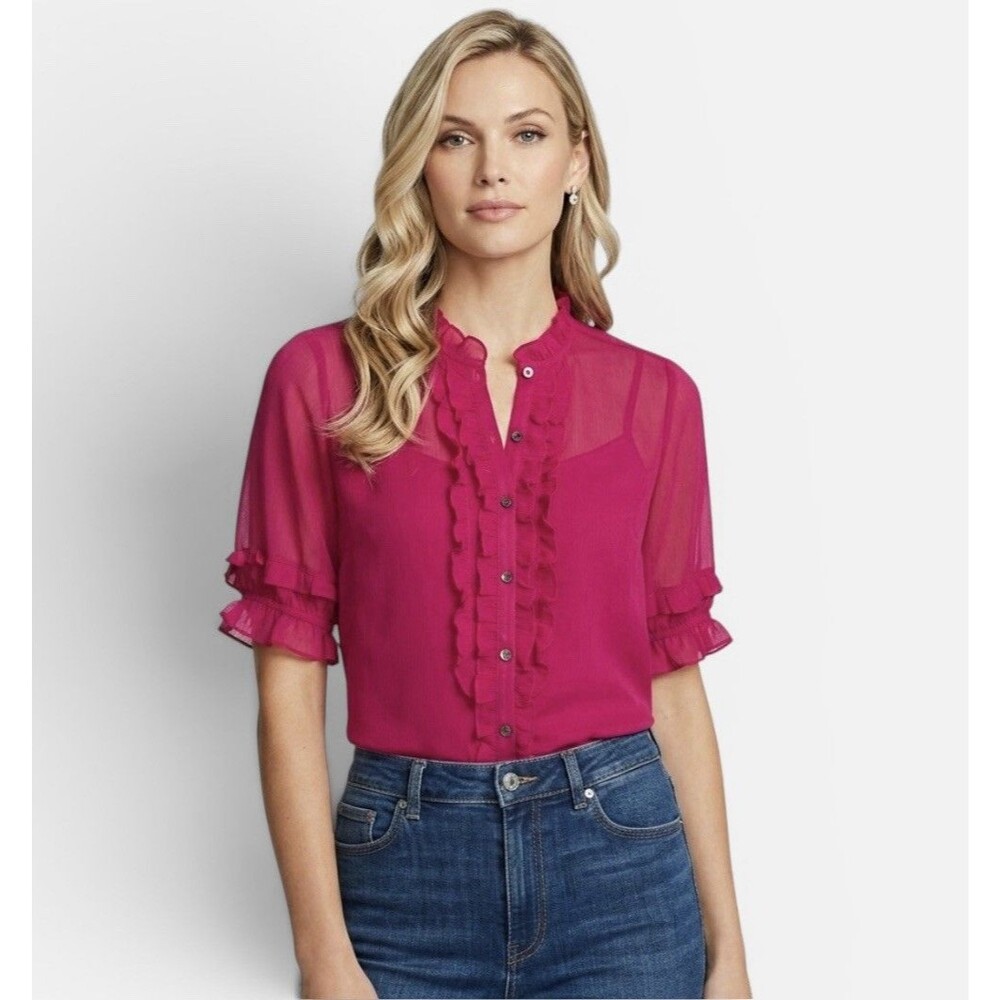 NWT CeCe Fuchsia Pink Ruffled Button Up Short Sleeve Top Blouse Size S NEW $99
